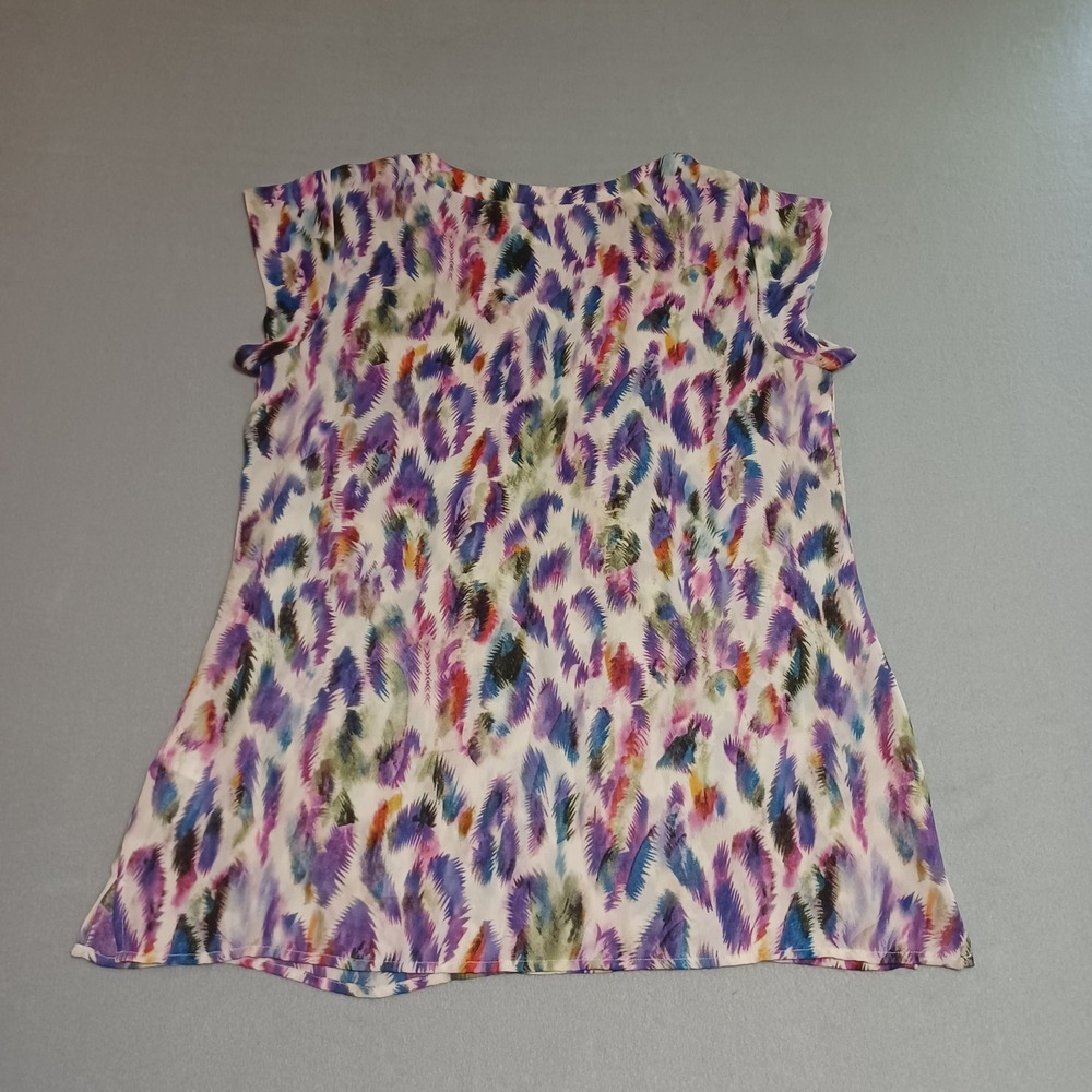Cabi Womens Small Multi‎ Color Abstract Feather Print V-Neck Cap Sleeve Blouse